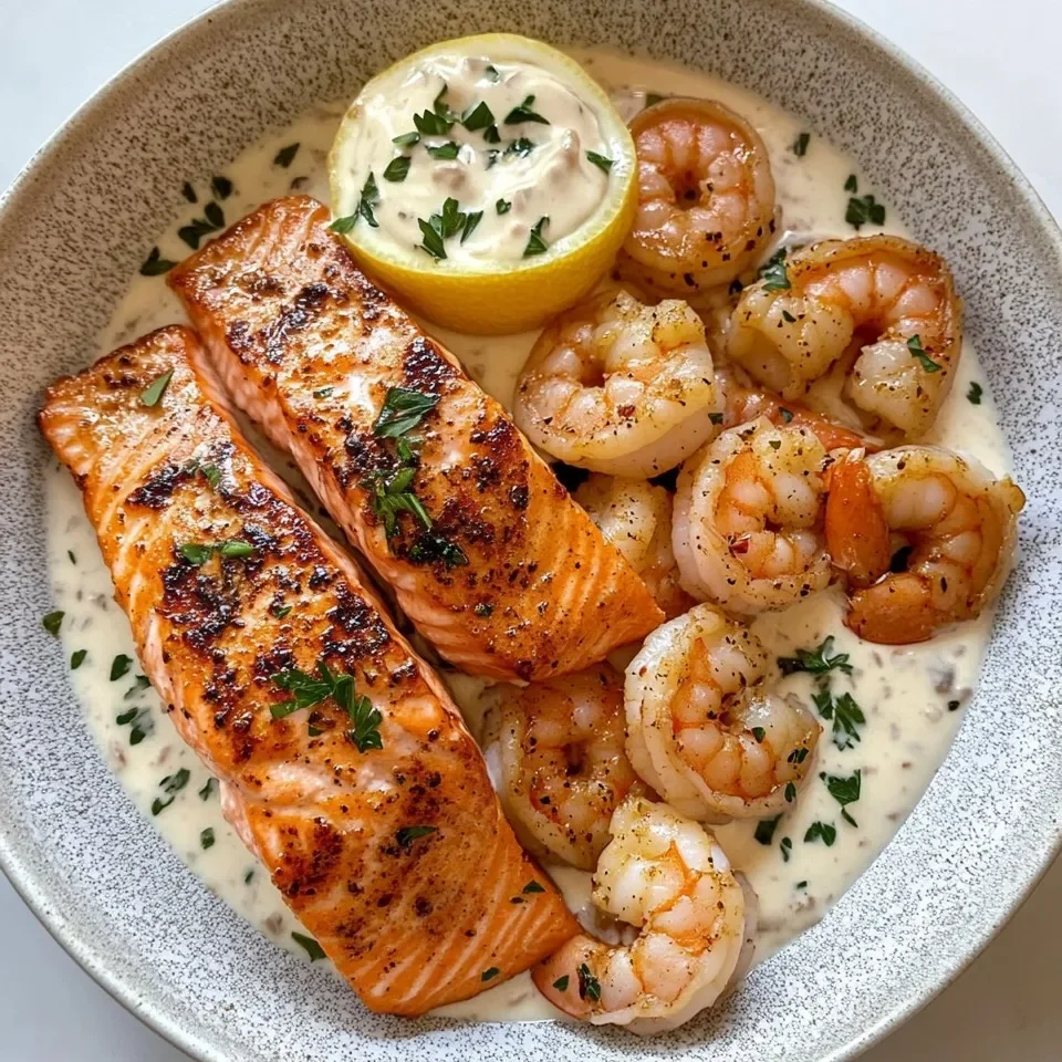 Salmón y Camarones Cajún con Salsa de Ajo