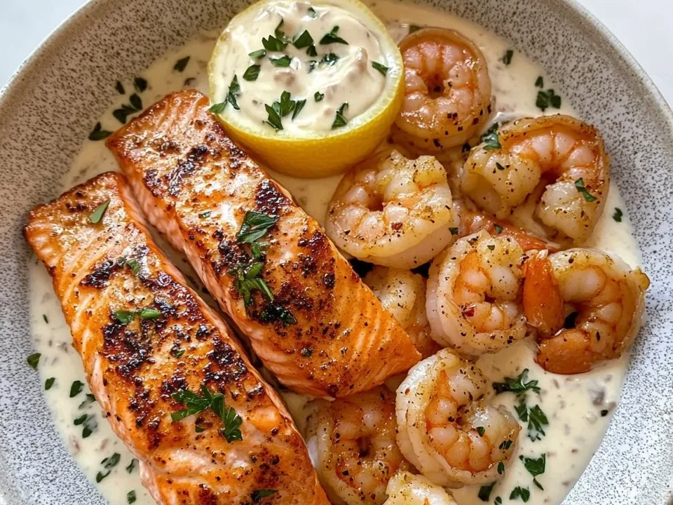 Salmón y Camarones Cajún con Salsa de Ajo