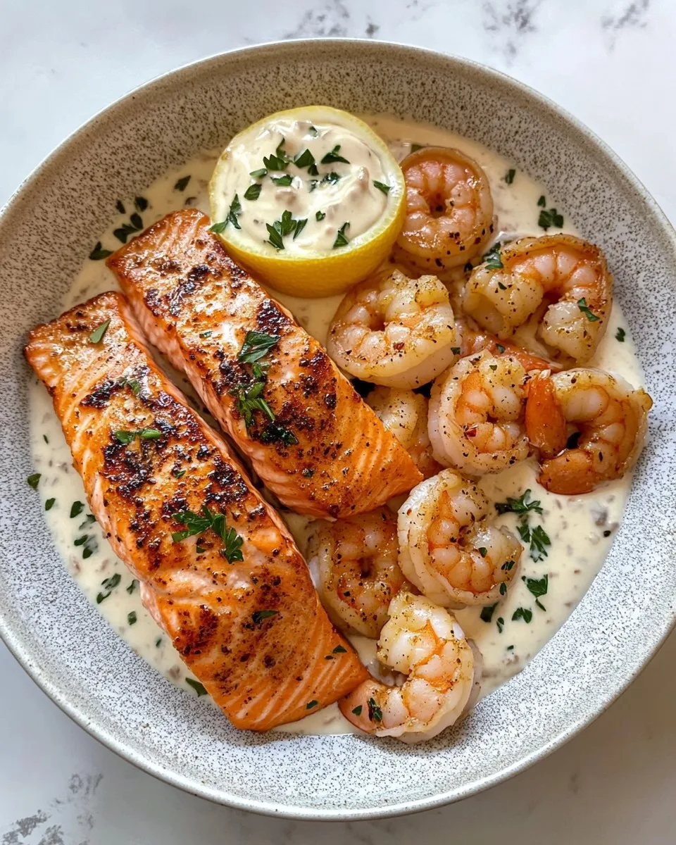 Salmón y Camarones Cajún con Salsa de Ajo
