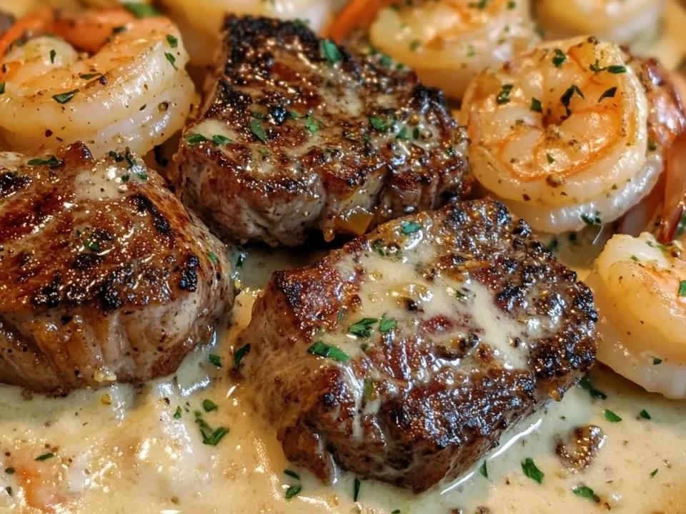 Camarones y Ribeye en Salsa Cremosa de Ajo