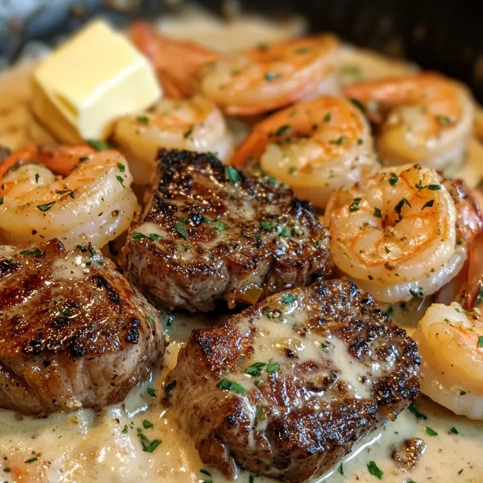 Camarones y Ribeye en Salsa Cremosa de Ajo