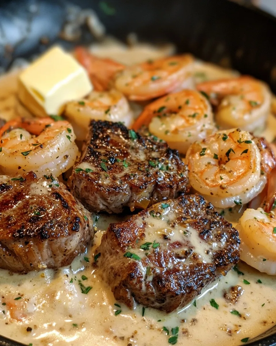 Camarones y Ribeye en Salsa Cremosa de Ajo