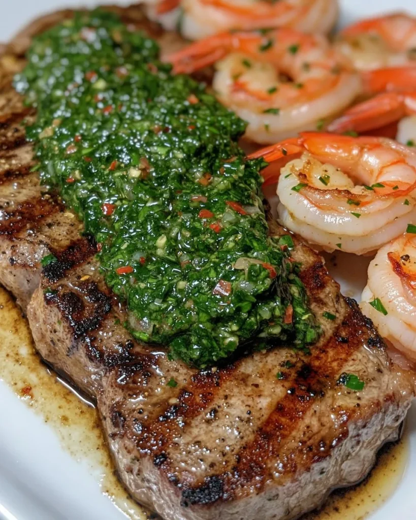 Bistec y Camarones con Salsa Chimichurri