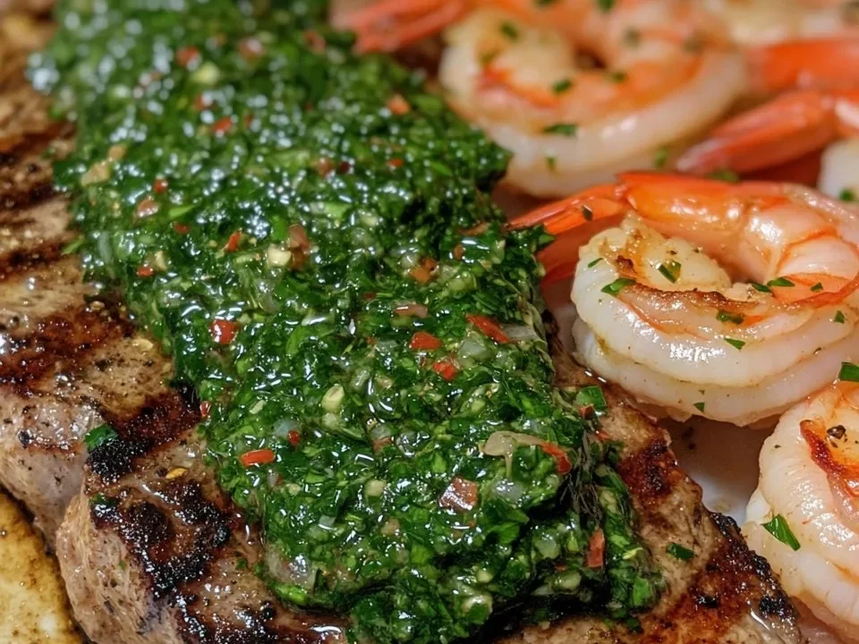 Bistec y Camarones con Salsa Chimichurri