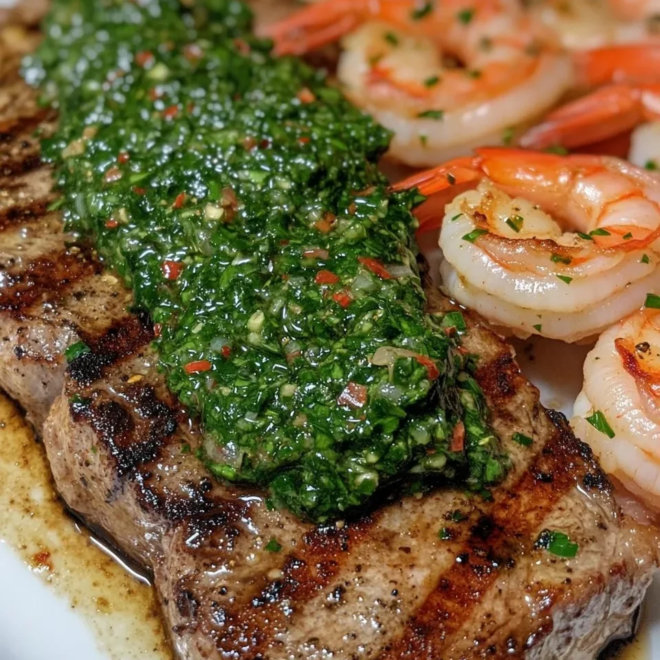 Bistec y Camarones con Salsa Chimichurri