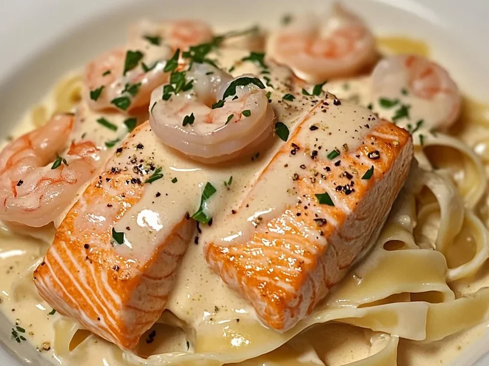 Pasta Alfredo de Salmón y Camarones