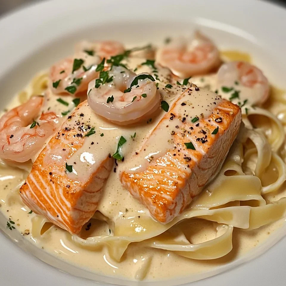 Pasta Alfredo de Salmón y Camarones