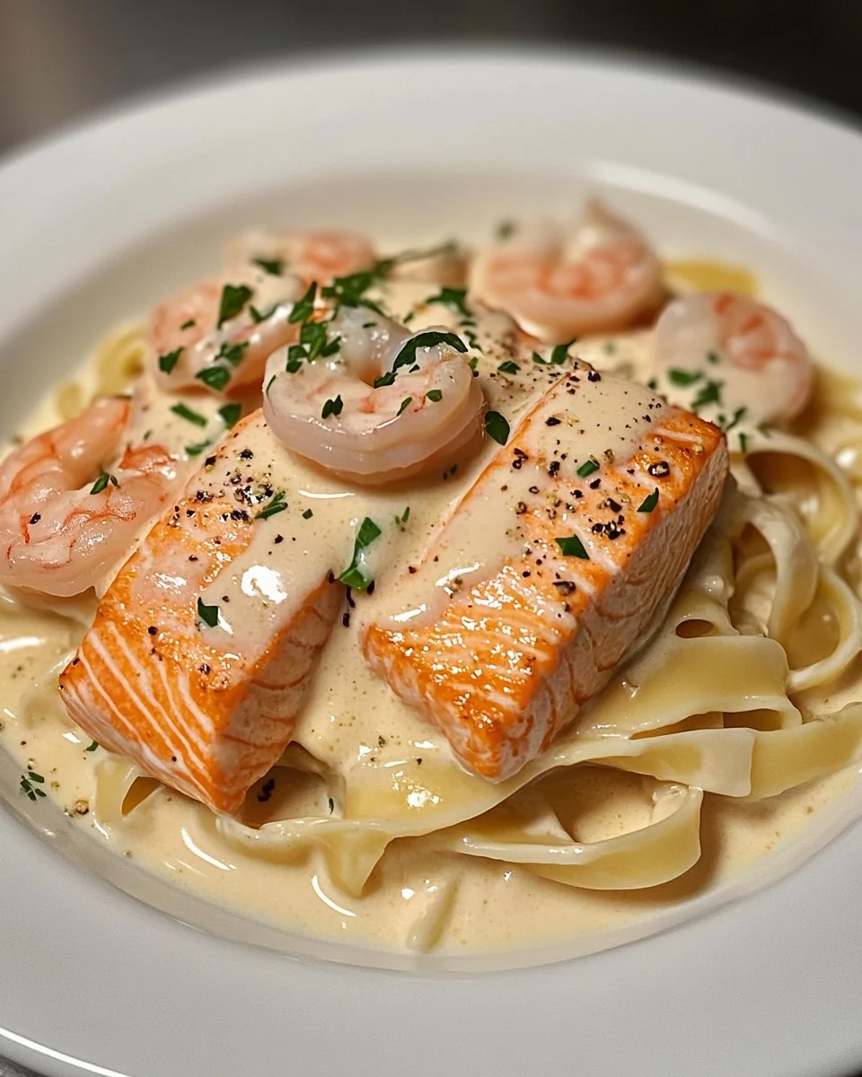 Pasta Alfredo de Salmón y Camarones