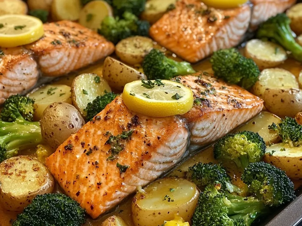 Salmón con Mantequilla de Limón, Papas Crujientes y Brócoli