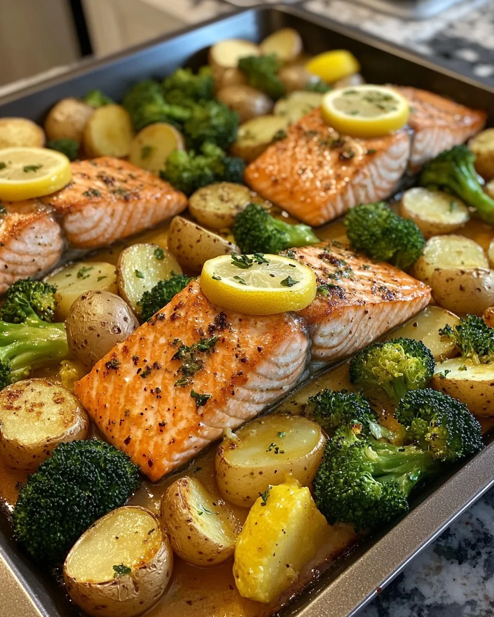 Salmón con Mantequilla de Limón, Papas Crujientes y Brócoli