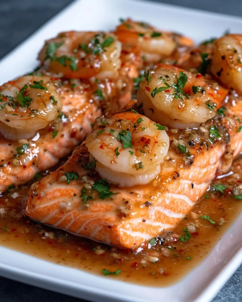 Salmón y Camarones Cajún con Salsa de Ajo