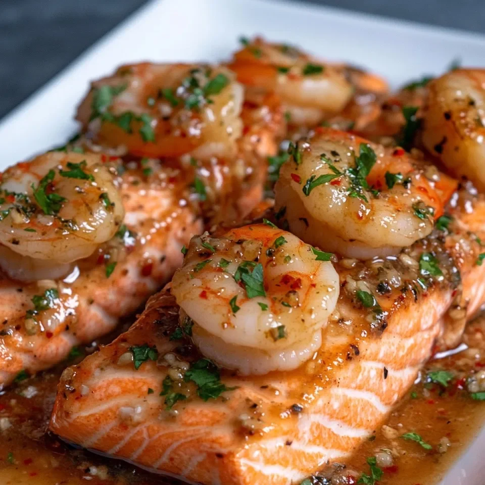 Salmón y Camarones Cajún con Salsa de Ajo
