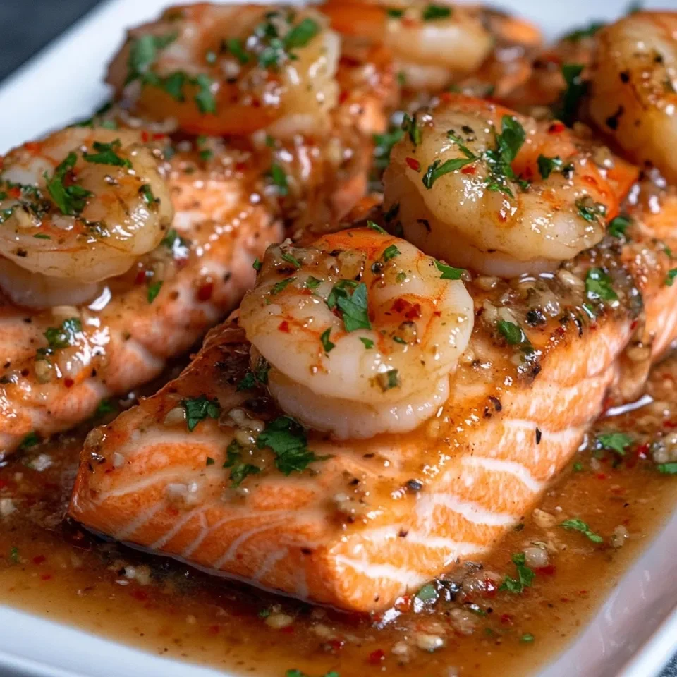 Salmón y Camarones Cajún con Salsa de Ajo