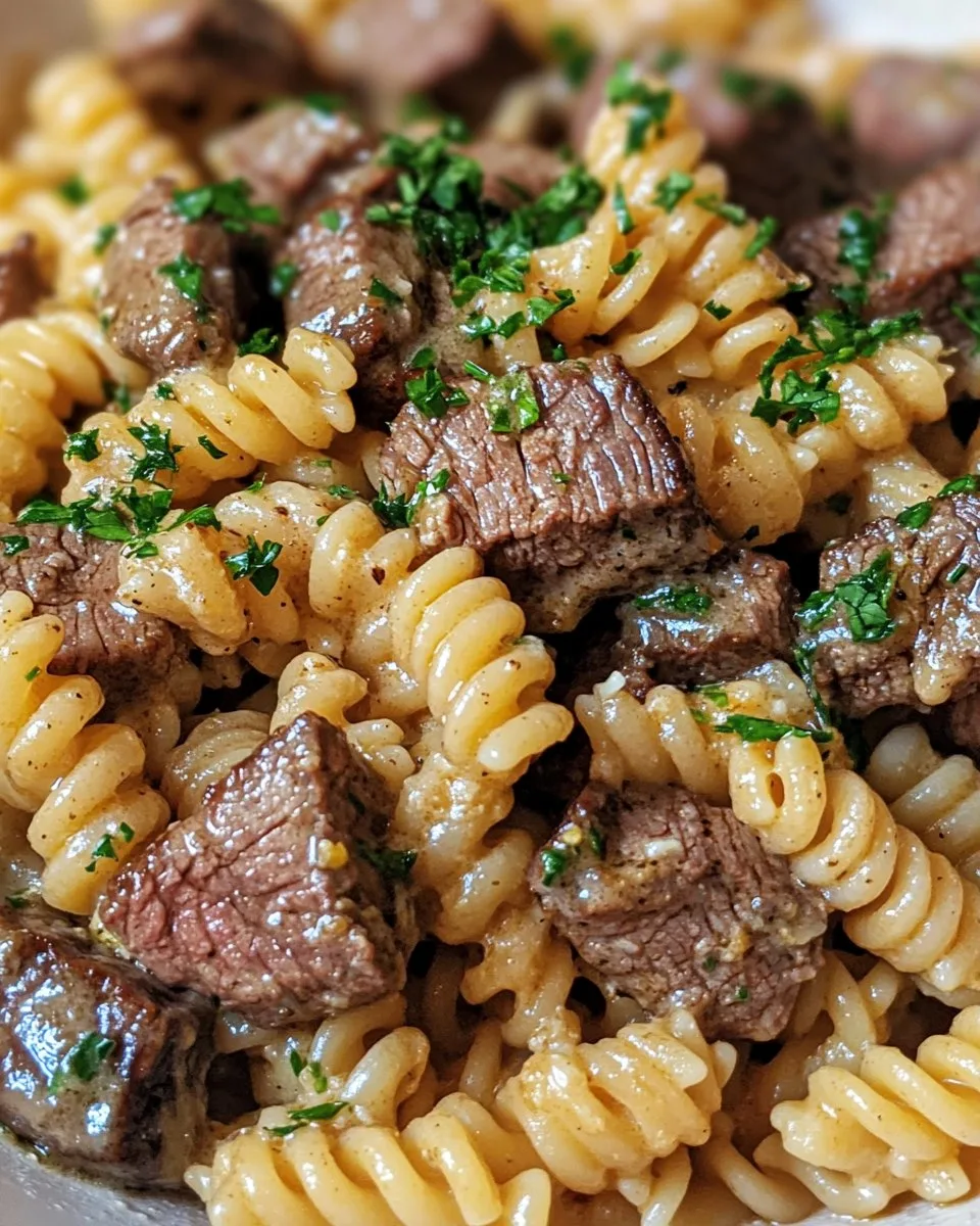 Bocados de Carne y Rotini en Salsa de Ajo y Parmesano