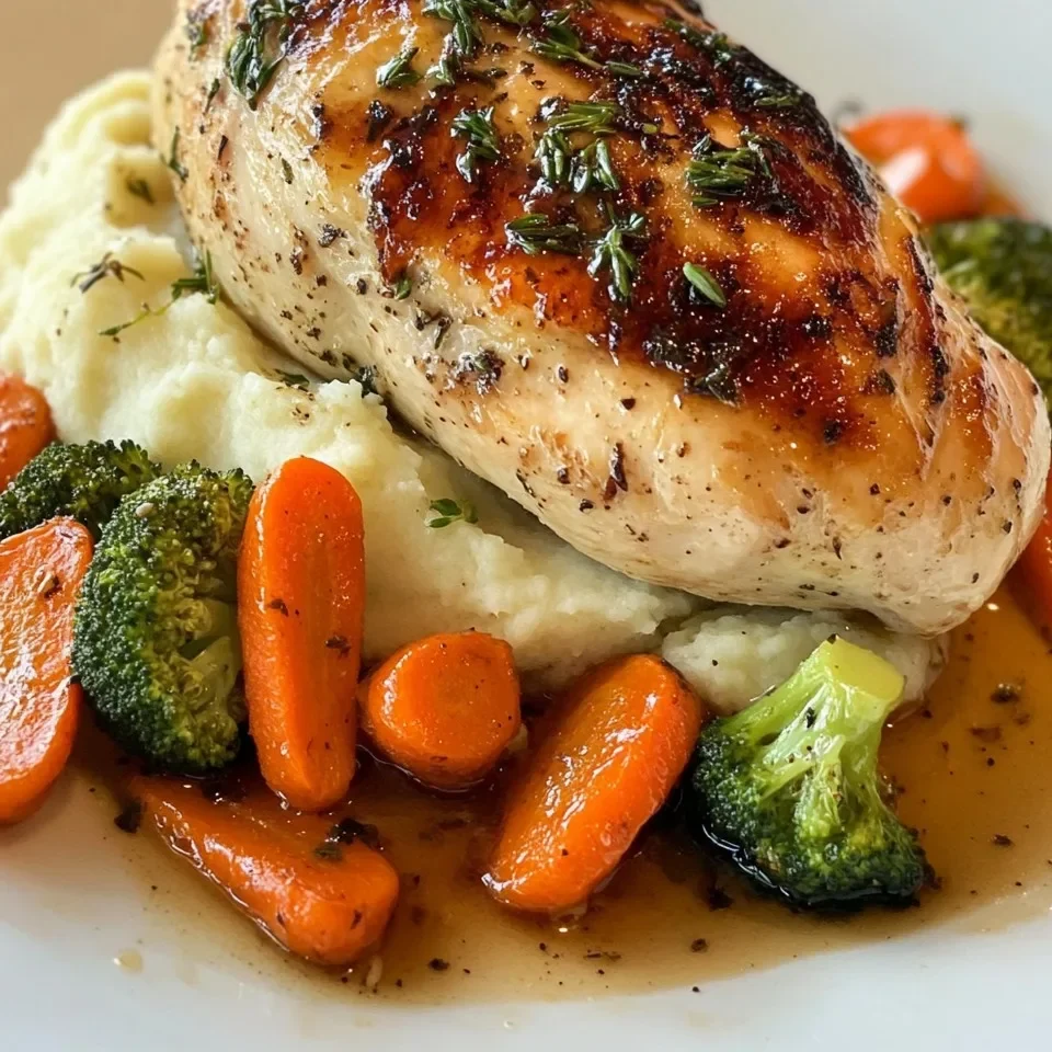 Pollo Asado con Puré de Papas al Ajo, Zanahorias Asadas y Brócoli