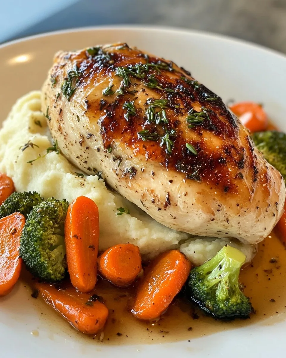 Pollo Asado con Puré de Papas al Ajo, Zanahorias Asadas y Brócoli