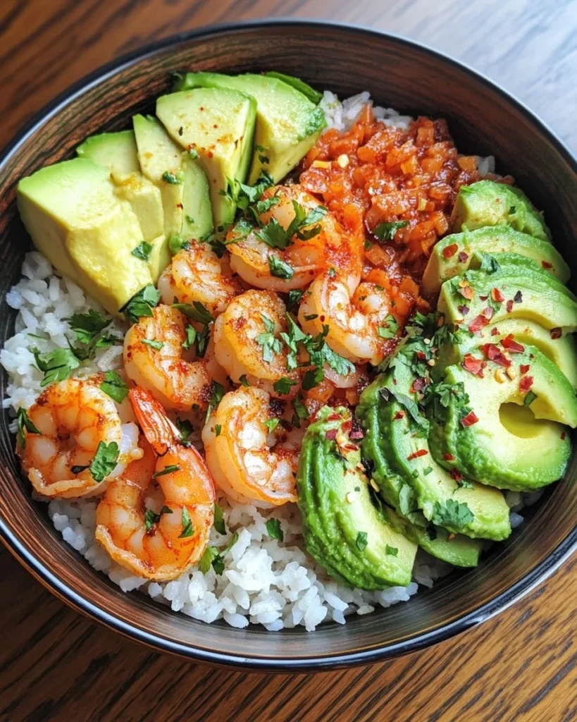 Tazón de arroz con camarones picantes y aguacate