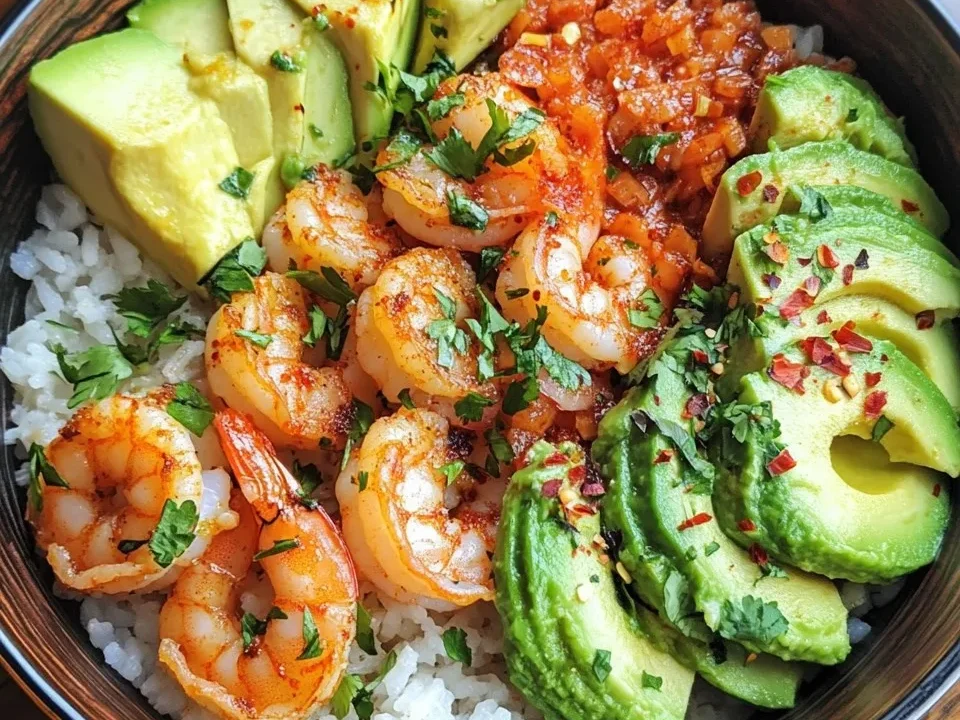 Tazón de arroz con camarones picantes y aguacate