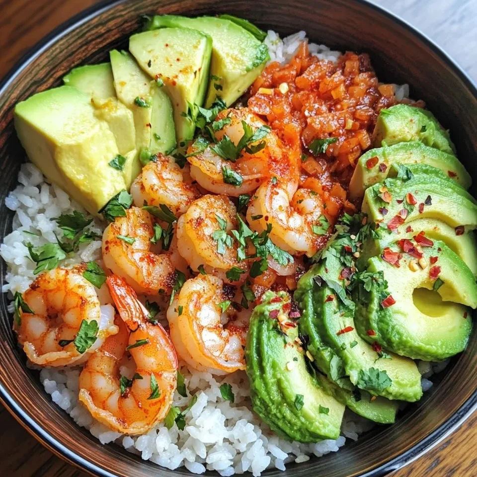 Tazón de arroz con camarones picantes y aguacate