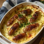 Salchichas con puré de patata y queso gratinado