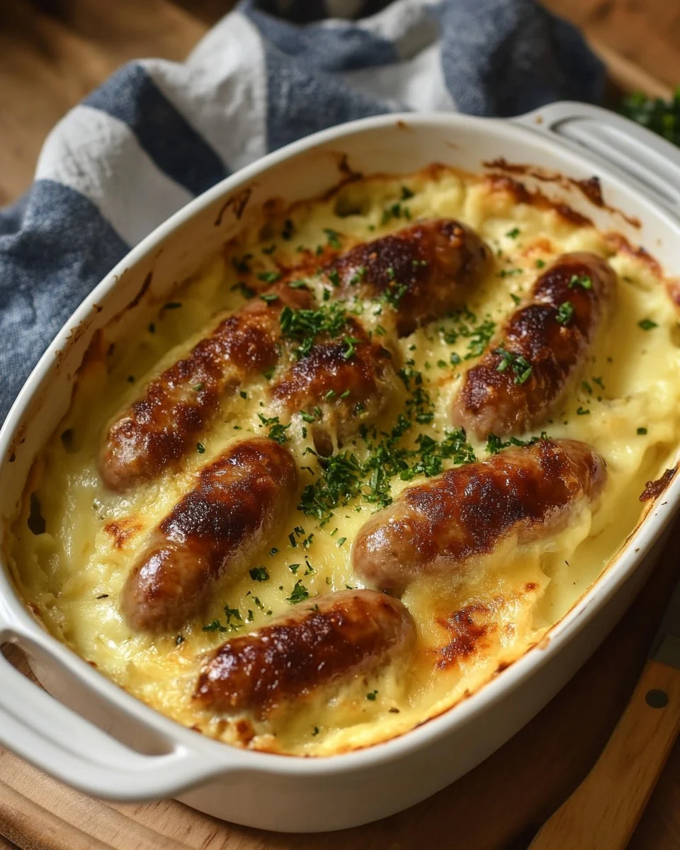 Salchichas con puré de patata y queso gratinado