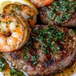 Carne de Res y Camarones con Mantequilla de Ajo
