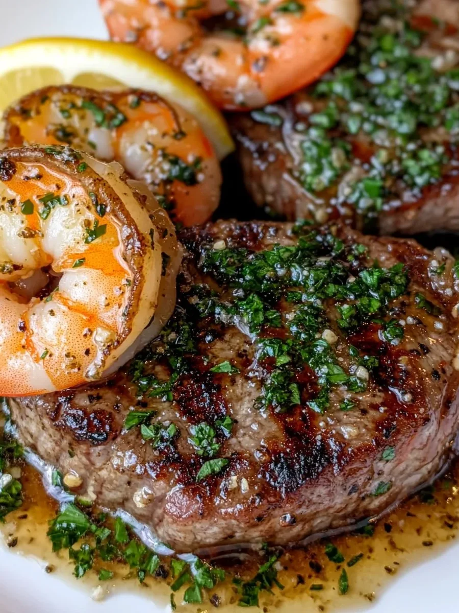 Carne de Res y Camarones con Mantequilla de Ajo