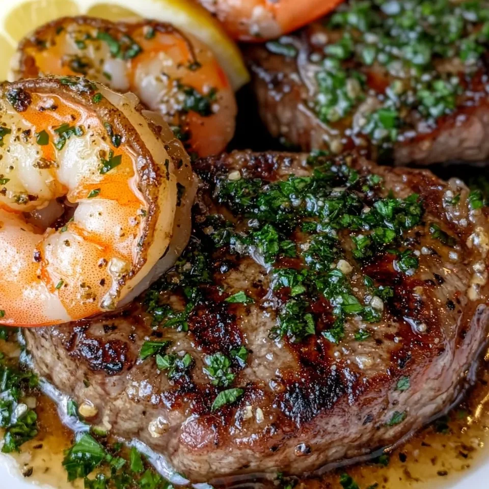 Carne de Res y Camarones con Mantequilla de Ajo