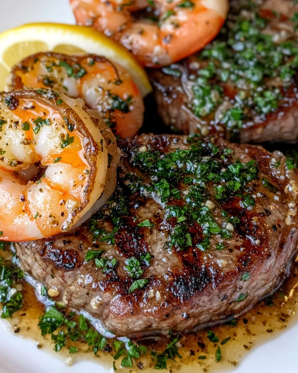 Carne de Res y Camarones con Mantequilla de Ajo