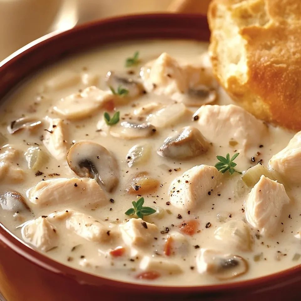 Sopa cremosa de pollo con champiñones y arroz salvaje
