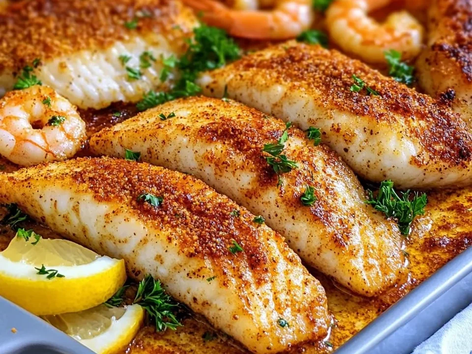 Pescado Gato Cajún Picante al Horno y Camarones con Mantequilla de Limón Picante