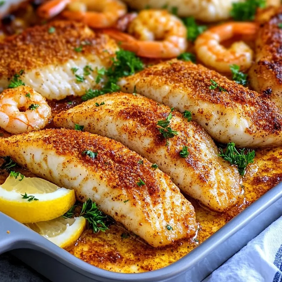 Pescado Gato Cajún Picante al Horno y Camarones con Mantequilla de Limón Picante