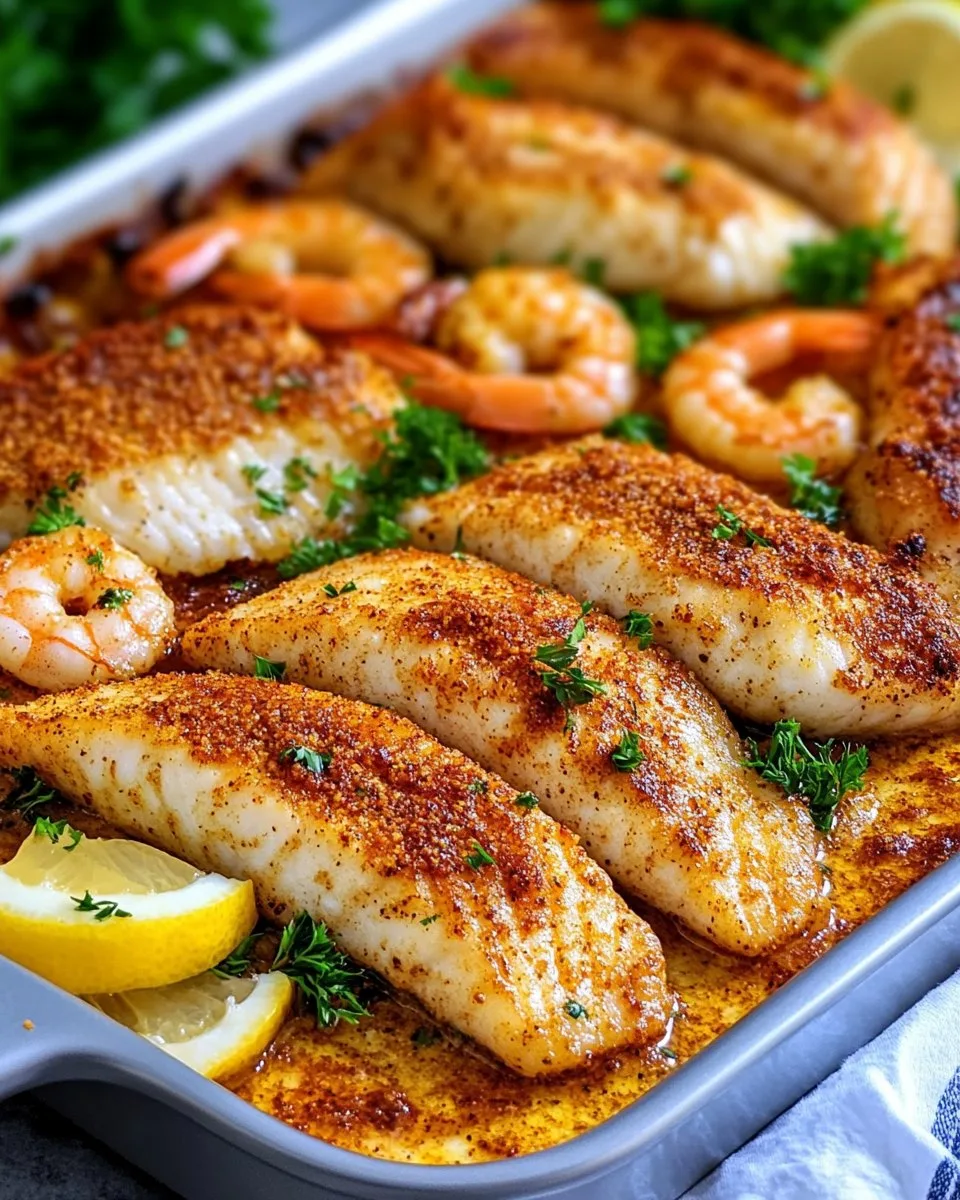Pescado Gato Cajún Picante al Horno y Camarones con Mantequilla de Limón Picante
