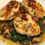 Pollo Salteado con Espinacas Cremosas, Tocino y Champiñones