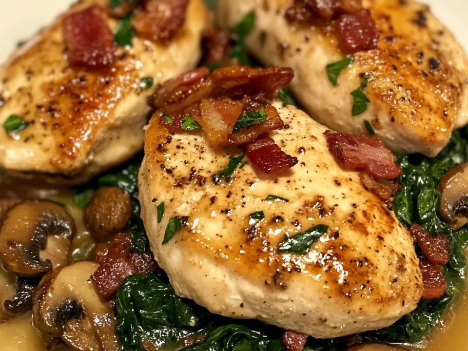 Pollo Salteado con Espinacas Cremosas, Tocino y Champiñones