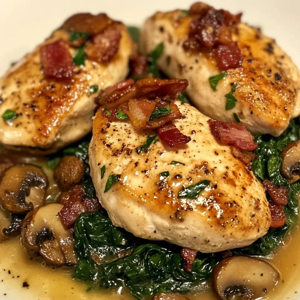 Pollo Salteado con Espinacas Cremosas, Tocino y Champiñones