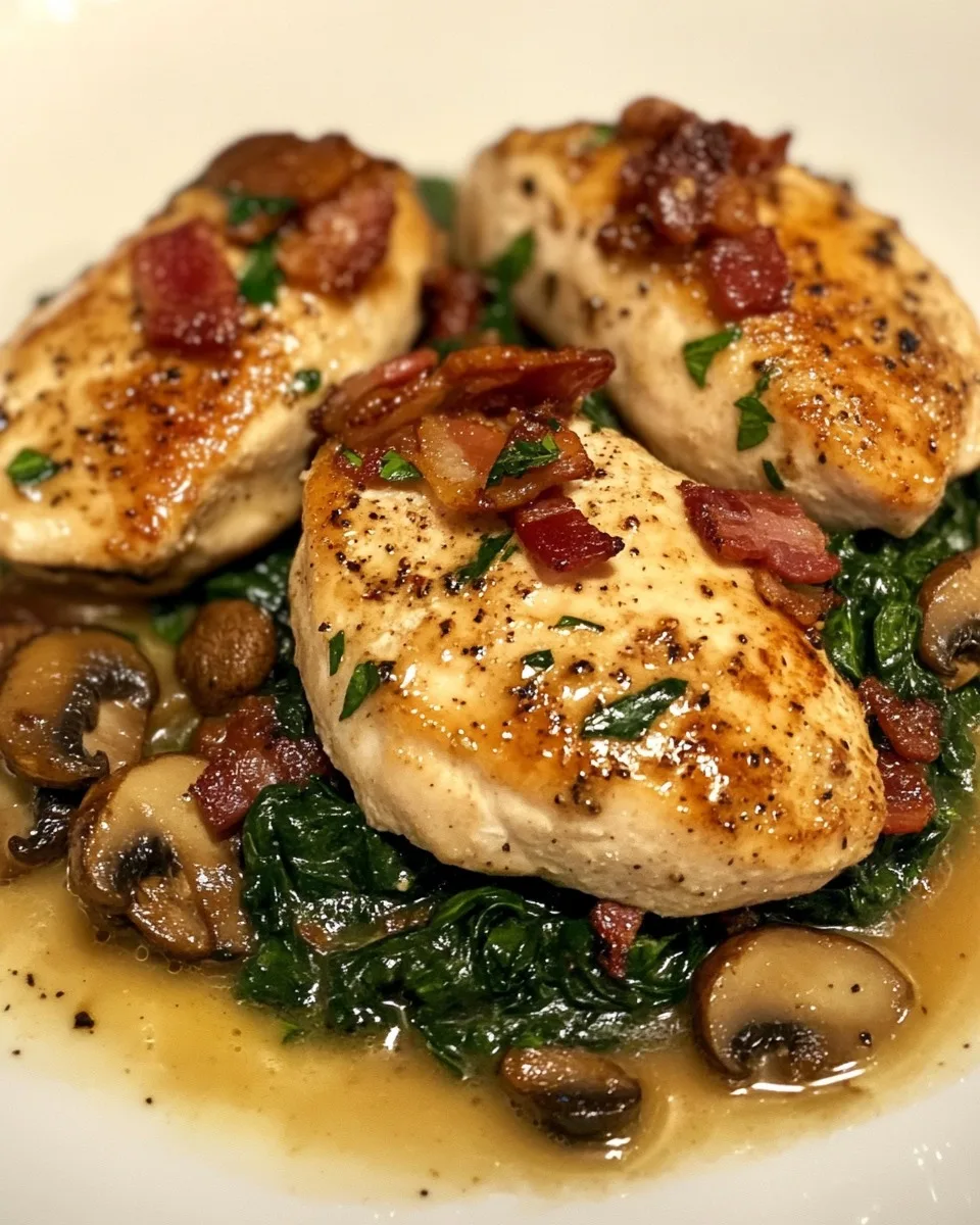 Pollo Salteado con Espinacas Cremosas, Tocino y Champiñones