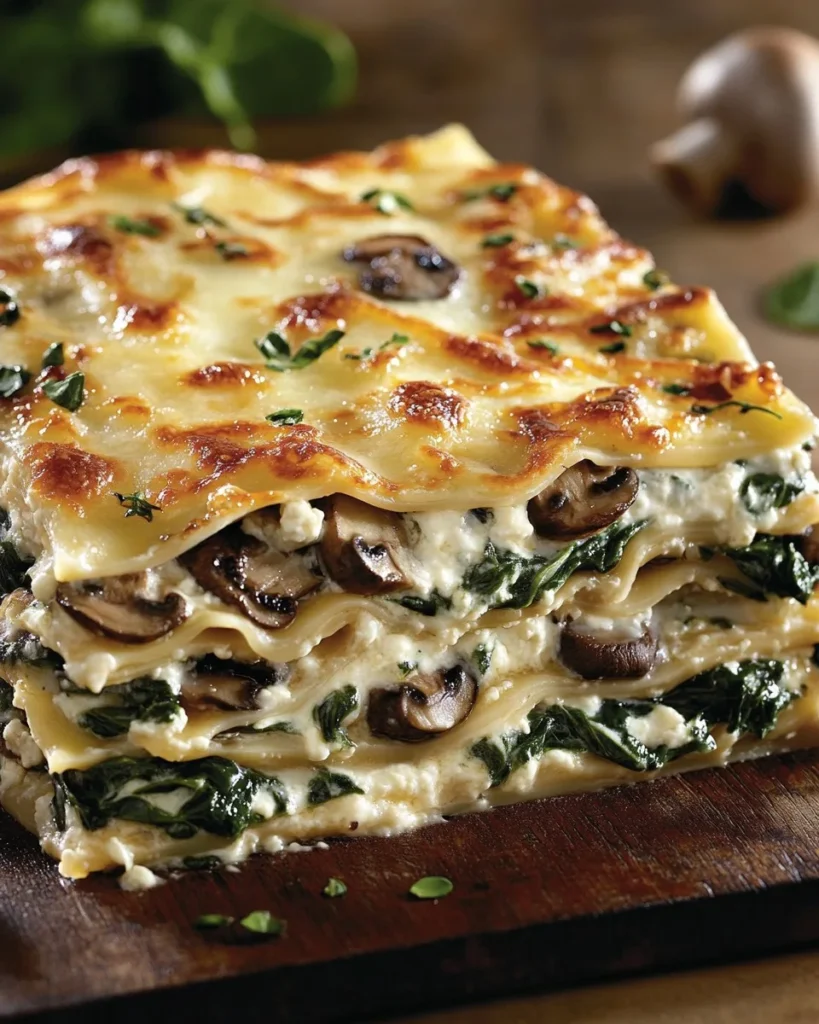 Lasaña cremosa de espinacas y champiñones