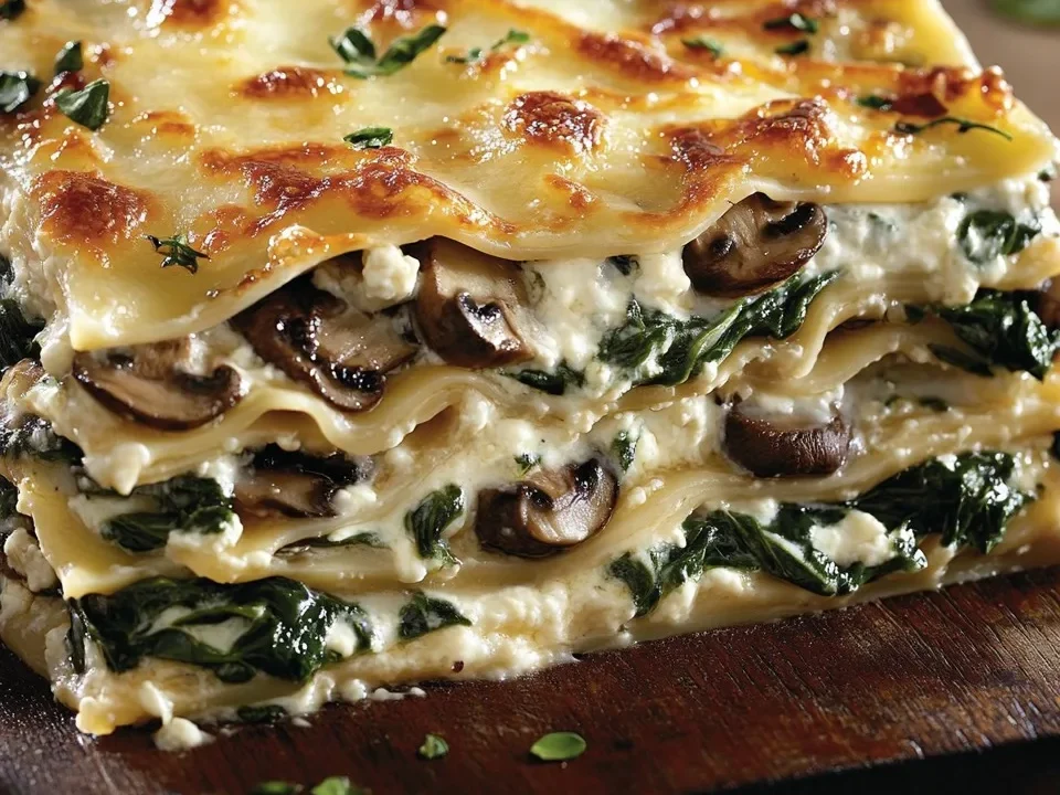 Lasaña cremosa de espinacas y champiñones