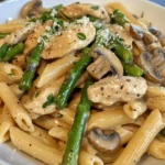 Penne con pollo, champiñones y espárragos en salsa cremosa