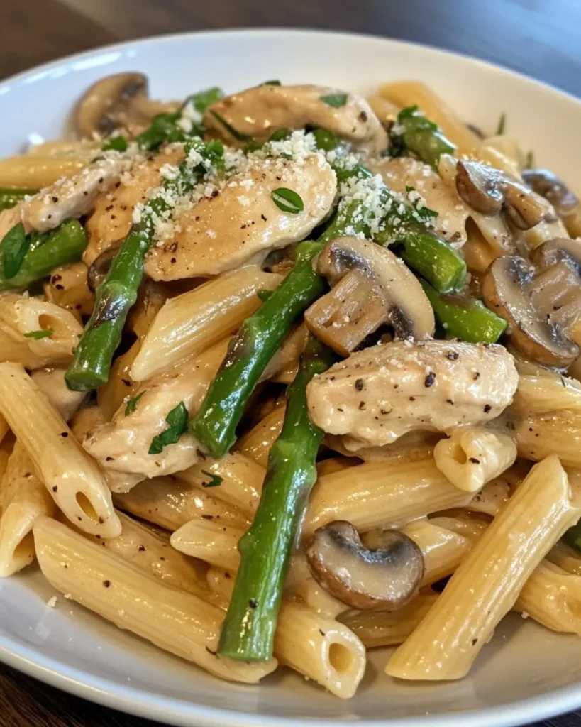 Penne con pollo, champiñones y espárragos en salsa cremosa