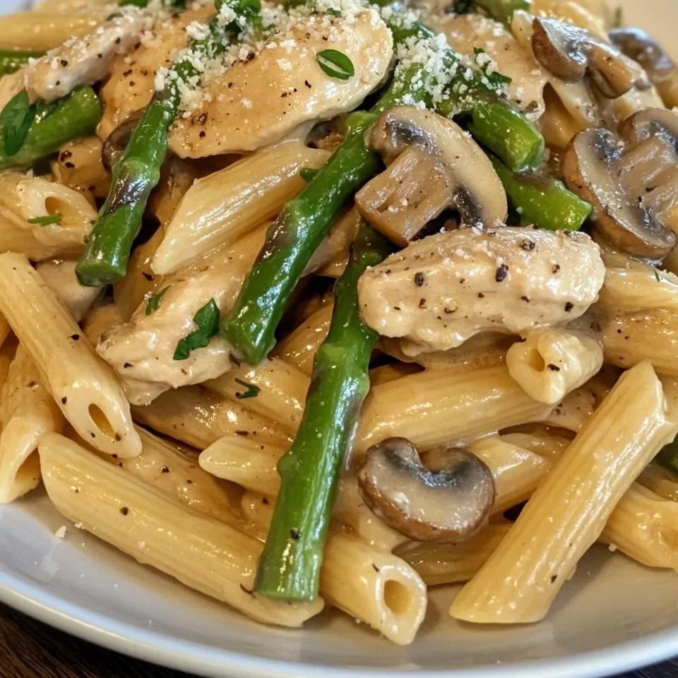 Penne con pollo, champiñones y espárragos en salsa cremosa