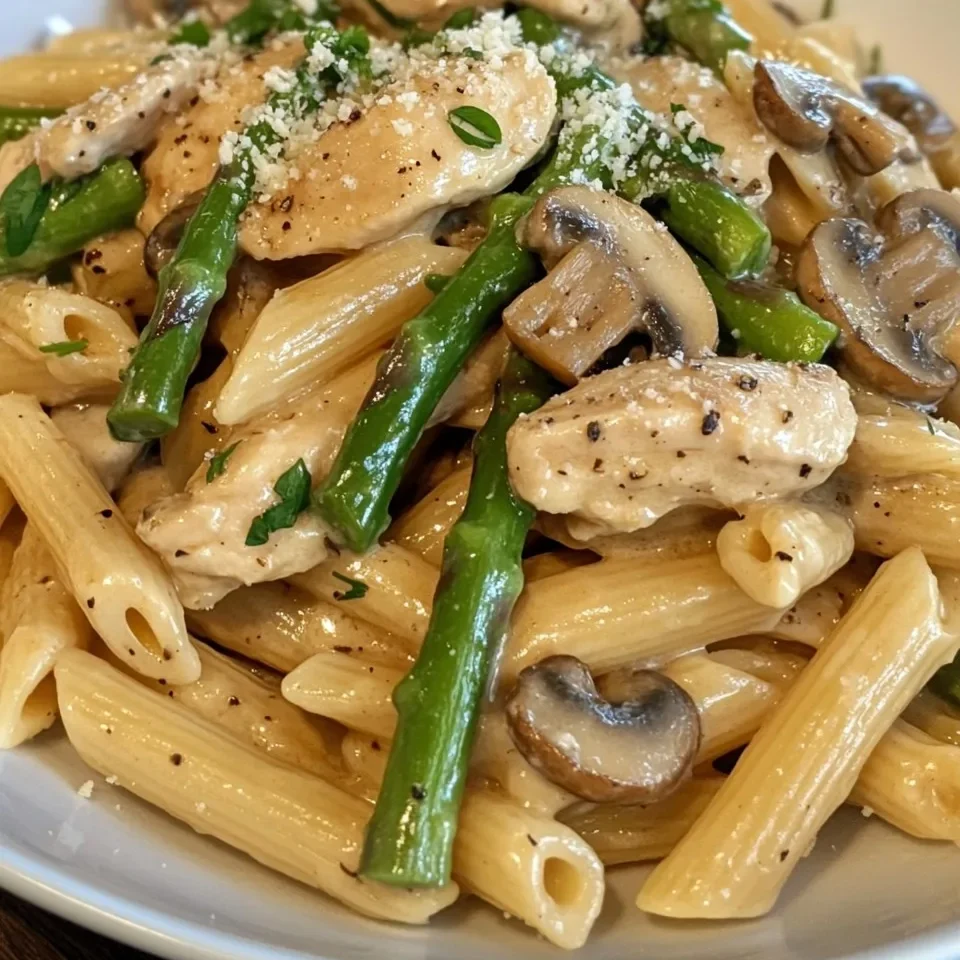 Penne con pollo, champiñones y espárragos en salsa cremosa