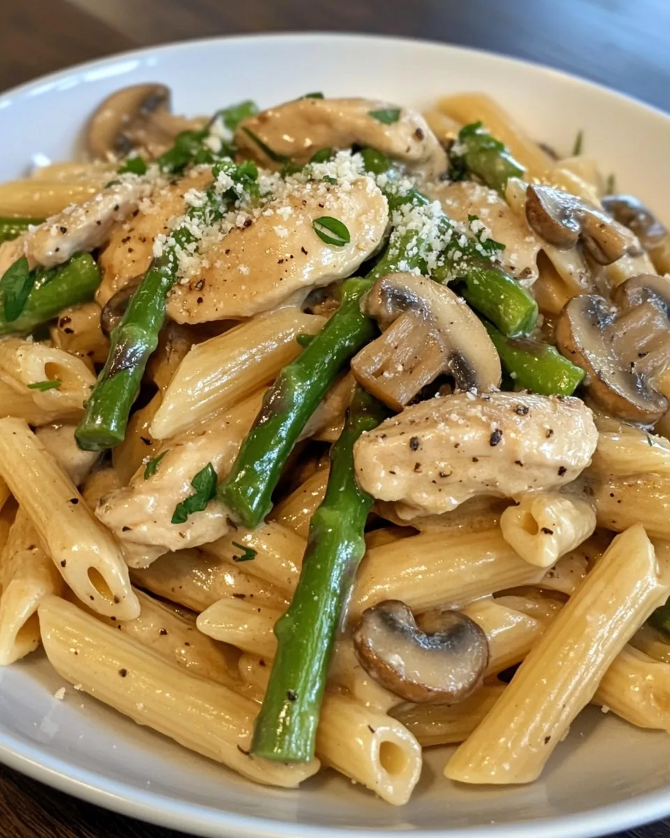Penne con pollo, champiñones y espárragos en salsa cremosa