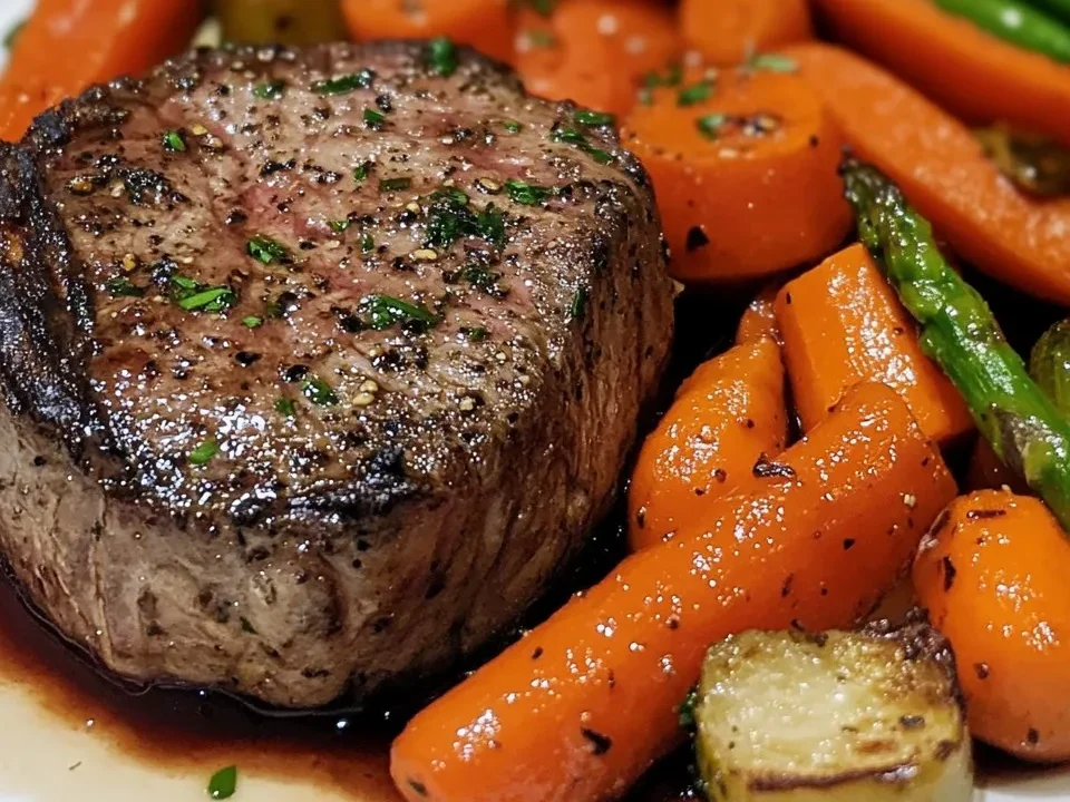 Filete Mignon a la Sartén con Verduras Asadas y Reducción de Vino Tinto