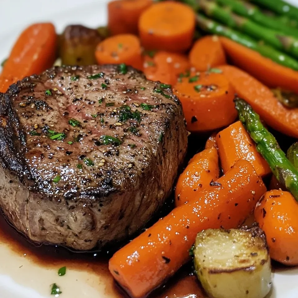 Filete Mignon a la Sartén con Verduras Asadas y Reducción de Vino Tinto