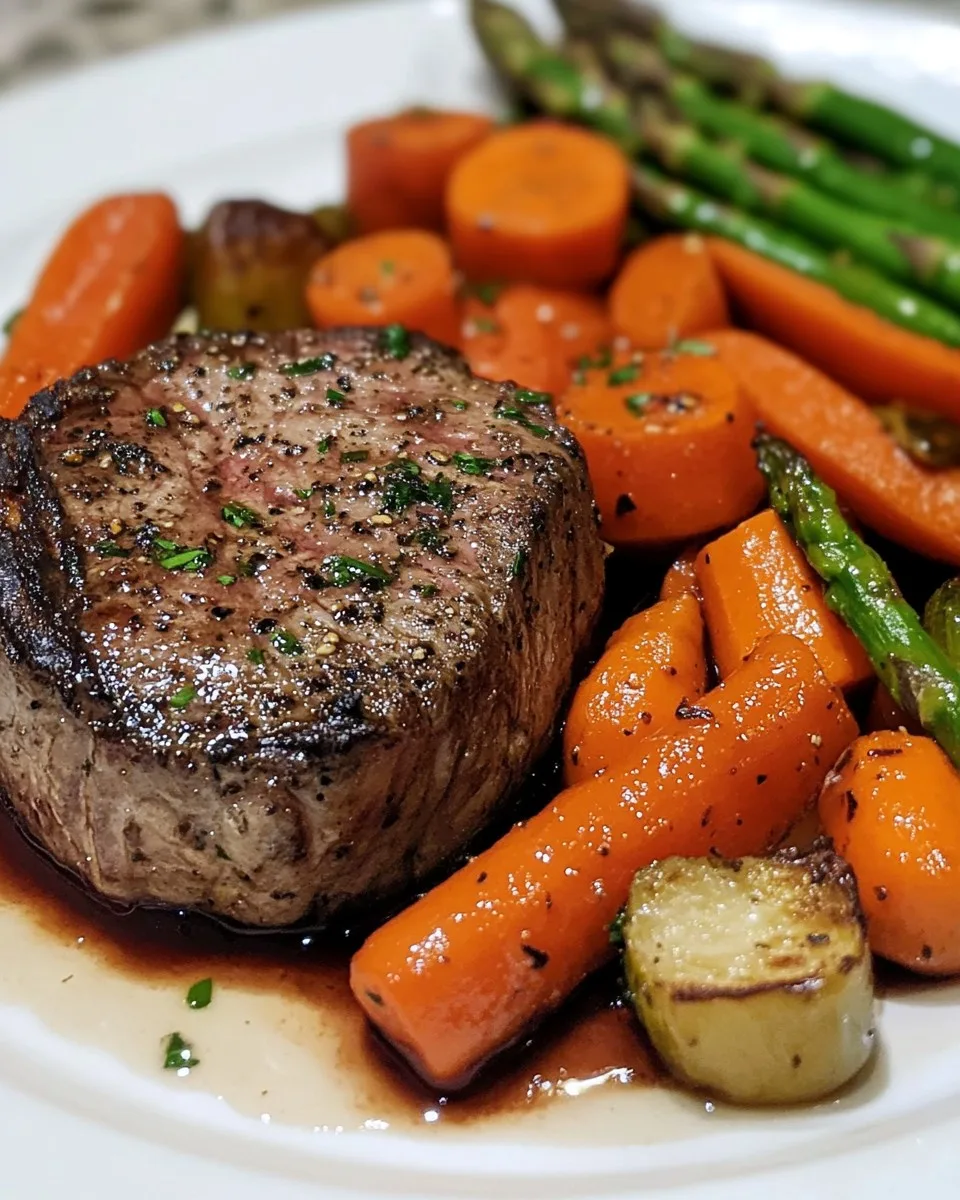 Filete Mignon a la Sartén con Verduras Asadas y Reducción de Vino Tinto