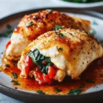 Pollo Relleno de Pimientos Rojos Asados, Espinacas y Mozzarella