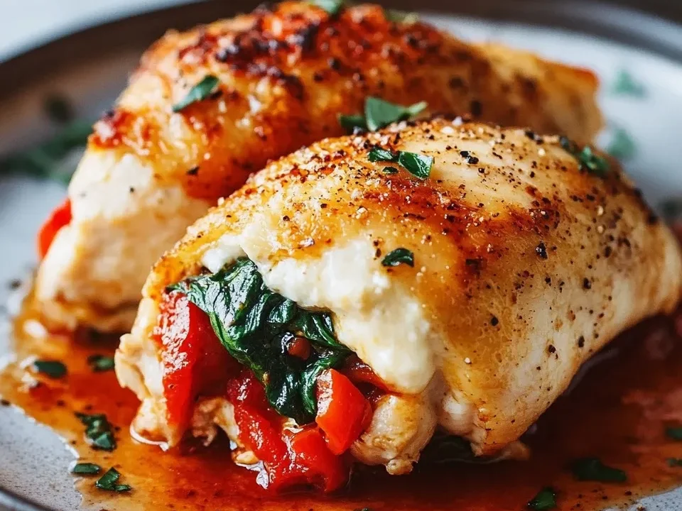 Pollo Relleno de Pimientos Rojos Asados, Espinacas y Mozzarella