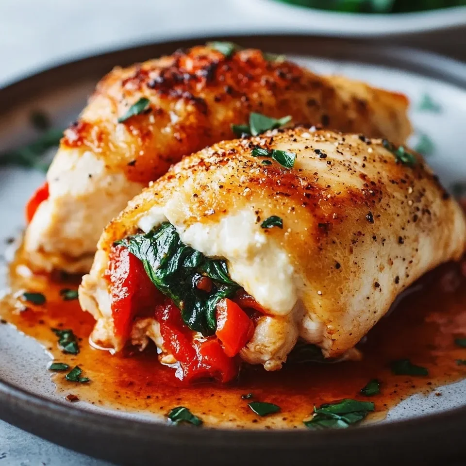 Pollo Relleno de Pimientos Rojos Asados, Espinacas y Mozzarella